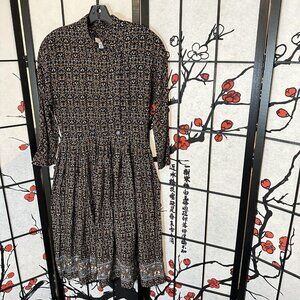 Talbots Vintage 80s Midi Dress Size 8 Brown Floral Pleated 3/4 Sleeves High Neck